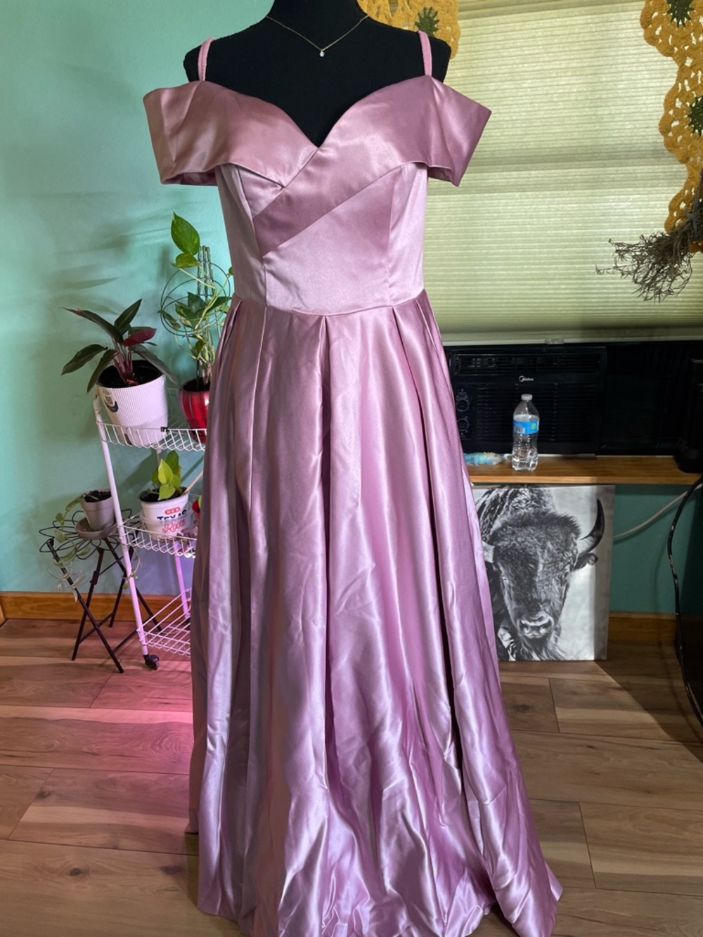 Lavender Satin Off-Shoulder Formal Gown